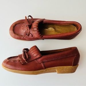 Vintage Red Brown Leather Fringe Moccasins Laced Wedge Rubber Sole Comfortable